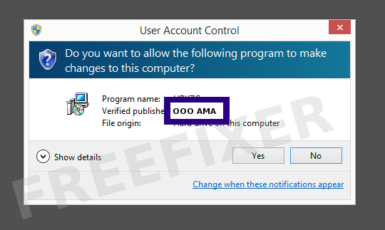 Screenshot where OOO AMA appears as the verified publisher in the UAC dialog
